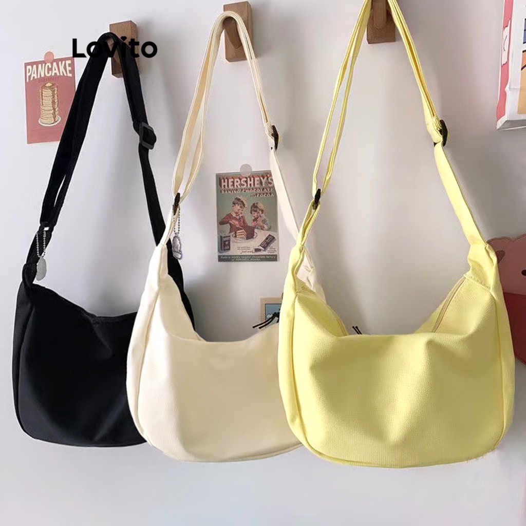 Túi đeo vai LOVITO có lớp lót trang trí treo màu trơn khóa kéo cho nữ L48BA018 (trắng/tím/xanh lá/xanh dương/vàng/đen)