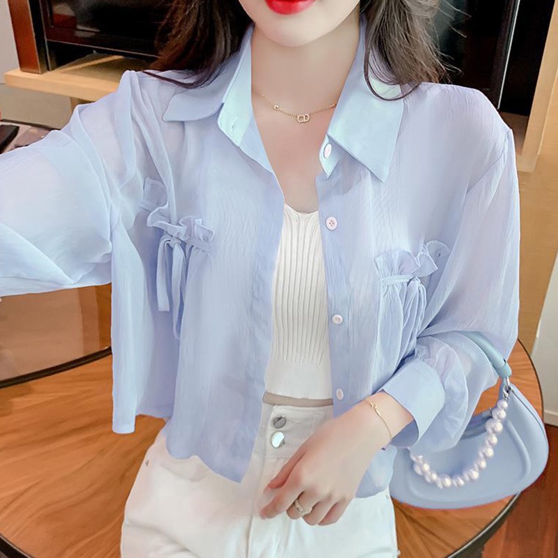 IELGY  Áo Sơ Mi chiffon Tay Dài Chống Nắng Phối Cà Vạt Thời Trang Cho Nữ