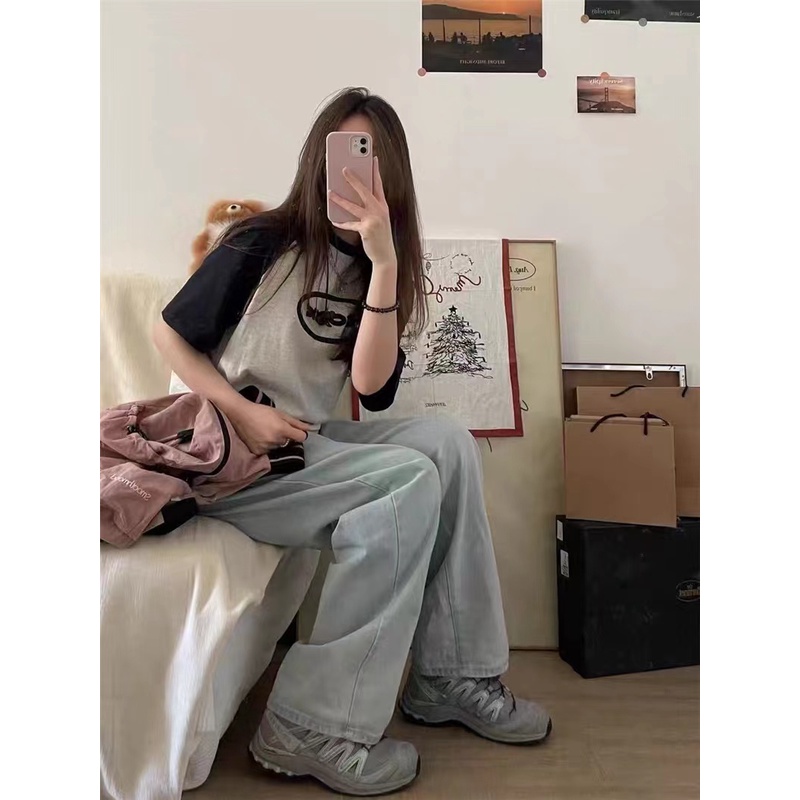 Áo Thun 100% Cotton Tay Ngắn Dáng Rộng In Họa Tiết Hoạt Hình Phong Cách Hàn Quốc Thời Trang Cho Nữ