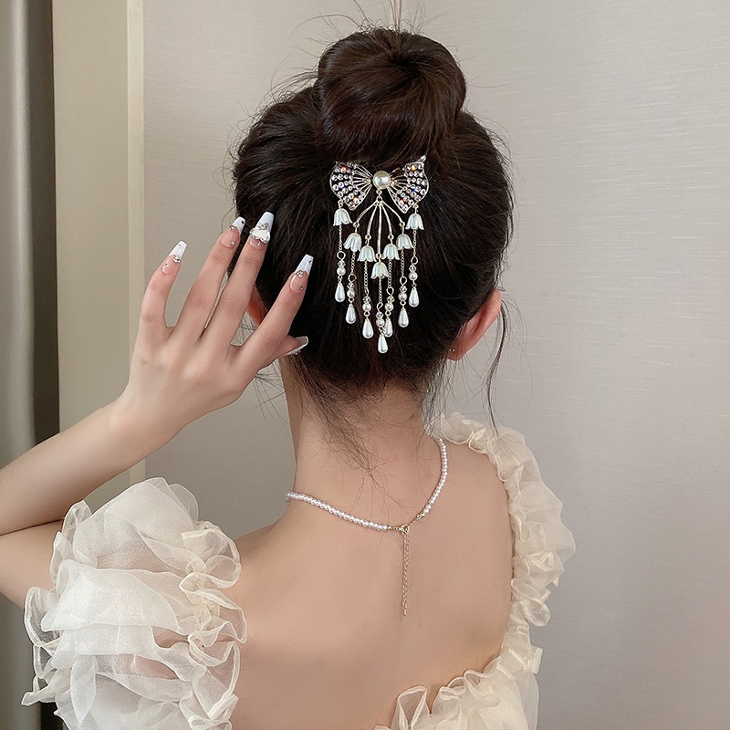 Kẹp Tóc Đính Nơ Tua Rua Phong Cách Retro Thanh Lịch Cho Nữ