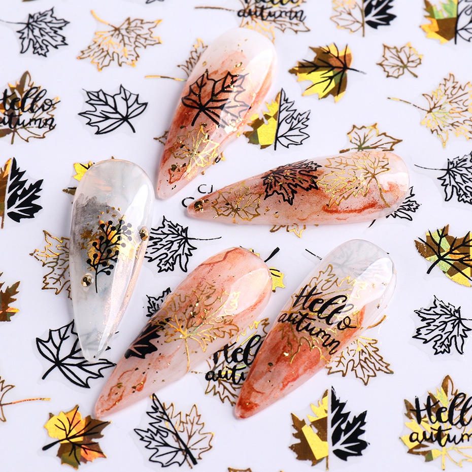 Miếng Dán Trang Trí Móng Tay 3D Màu Vàng Đen Hình Hoa Lá Mùa Thu TRCJ010-018