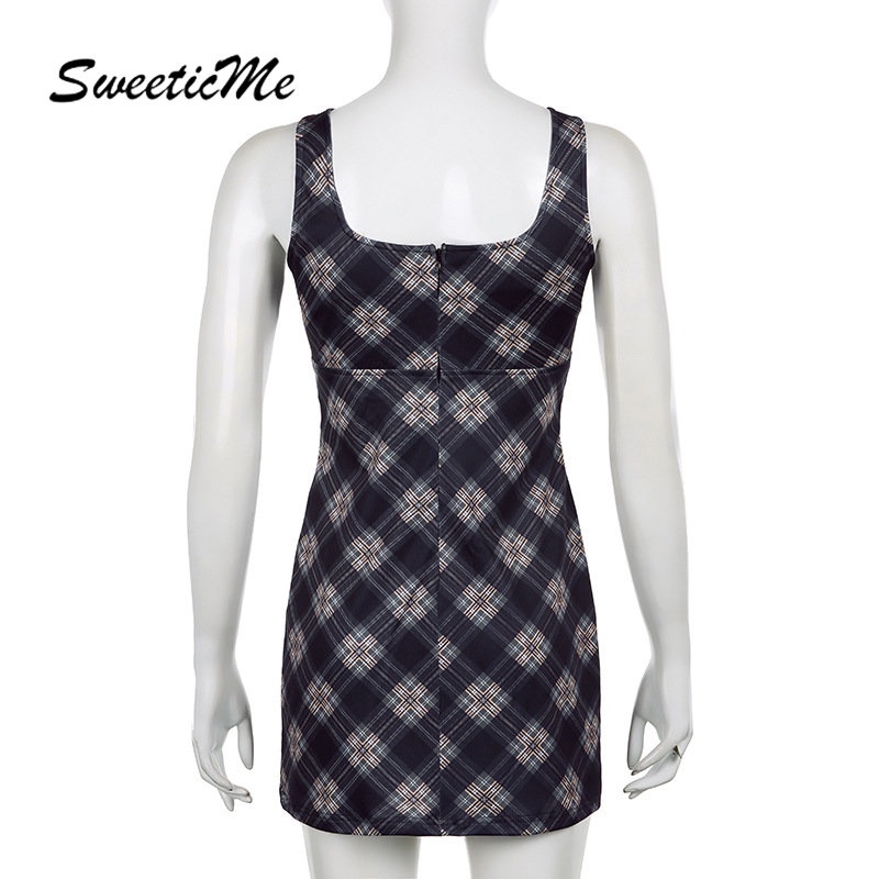 Đầm Ngắn Cổ Vuông Hở Lưng Xẻ Tà Họa Tiết Kẻ Sọc Màu Tương Phản Thời Trang Mới 2023 Dành Cho Bạn Nữ