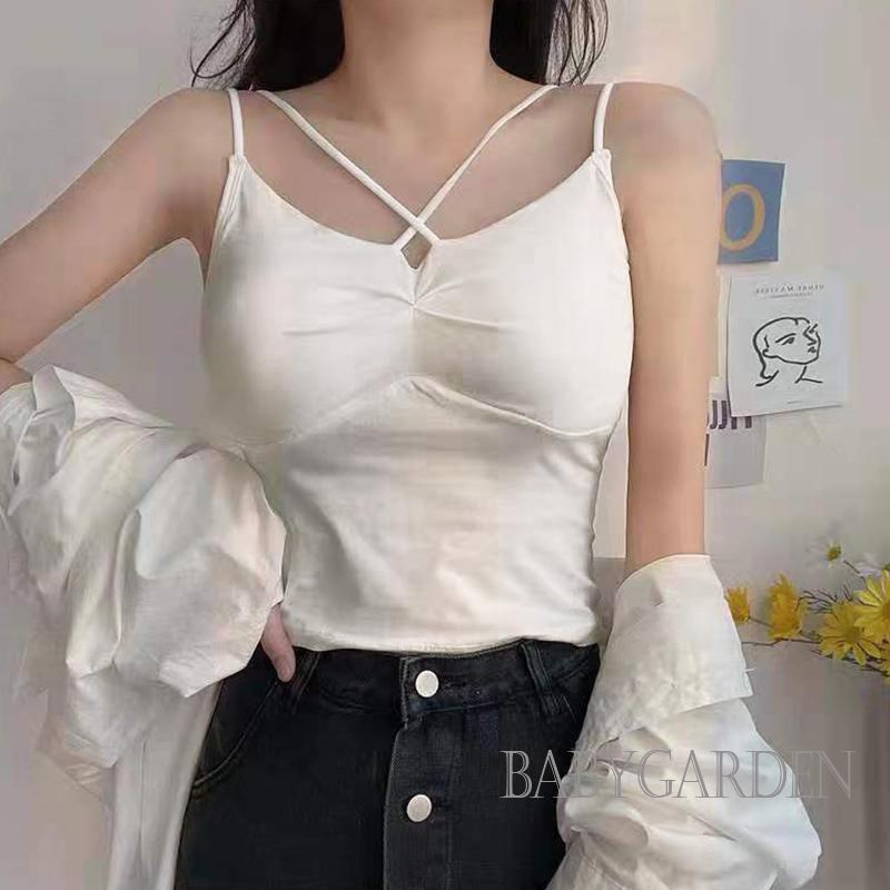 Babygarden Áo Hai Dây Mỏng Mùa Hè Ôm Sát Màu Trơn Dây Chéo Có Đệm Ngực Màu Trắng / Đen / Hồng / Xanh Dương Cho Nữ