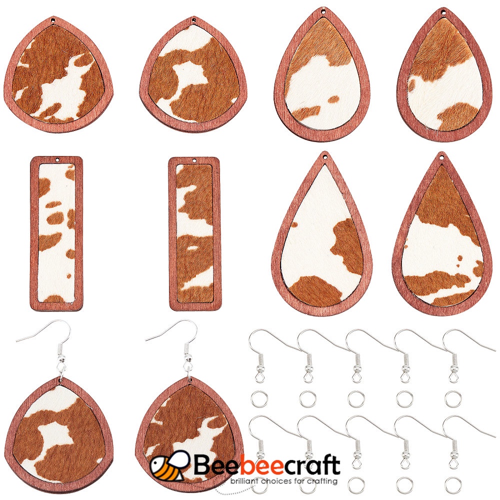 Bộ 1 Hộp 4 Cặp Mặt Gỗ Hình Chữ Nhật + 10 Nhẫn Nhảy + 10 Móc Tự Làm Trang Sức Bông Tai Tiện Dụng