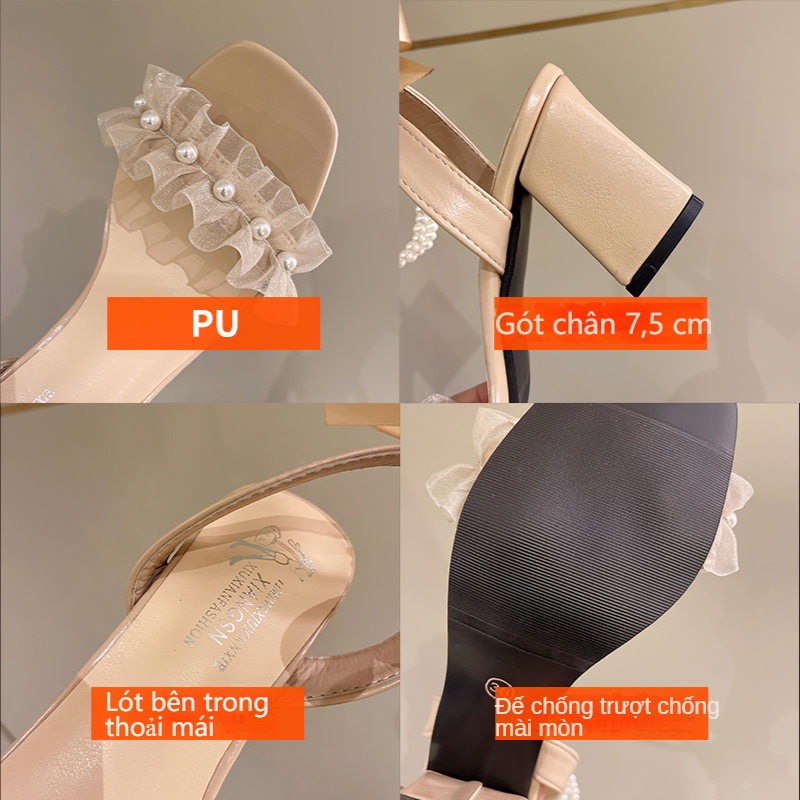 Giày Sandal Cao Gót Đế Bệt Quai Đính Ngọc Trai Thời Trang Pháp Sang Trọng Dành Cho Nữ 2023