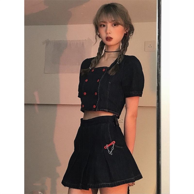 Bộ Áo Hai Dây + Chân Váy Denim Xếp Ly Phong Cách Retro Hàn Quốc Thời Trang Mùa Hè 2023
