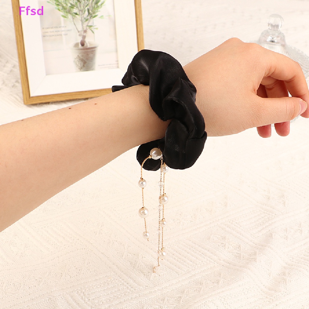 {Ffsd} Dây Buộc Tóc Chiffon Bản Lớn Đính Đá Ngọc Trai Phối Tua Rua Cho Nữ Bán Chạy