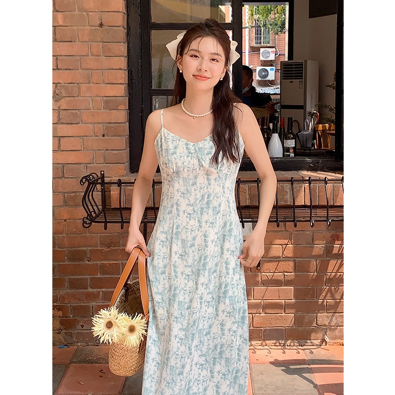 SUXI Đầm Dự Tiệc Hai Dây Cổ Chữ V Dáng Ôm In Họa Tiết Ngọt Ngào Thời Trang Mùa Hè Cho Bạn Gái
