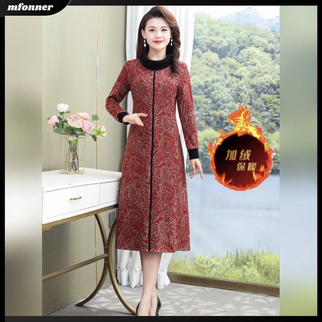 Đầm Dài Tay Cổ Lọ Size Lớn In Họa Tiết Retro Thời Trang Dành Cho Nữ