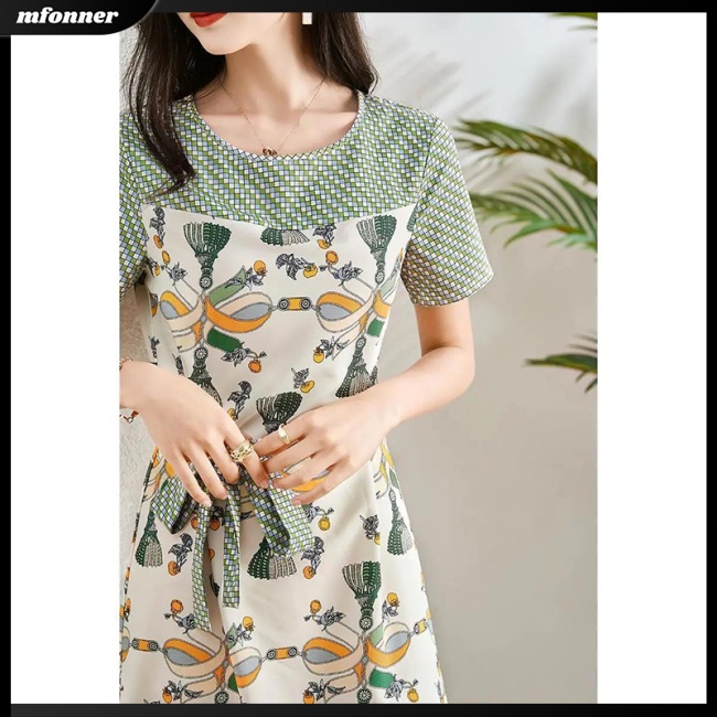 Đầm Midi Giả Hai Lớp Dáng Chữ A Tay Ngắn Cổ Tròn Màu Sắc Tương Phản Thời Trang Cho Nữ