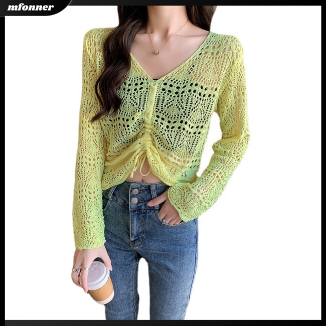 Áo Kiểu Dệt Kim Tay Dài Dáng Rộng Cổ Chữ V Phối Dây Rút Thời Trang Cho Nữ