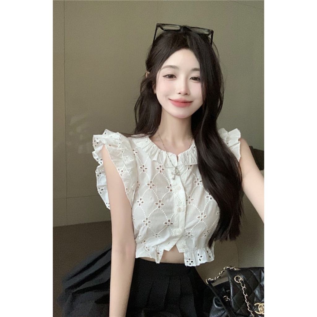 Áo Sơ Mi Trắng Cổ Tròn Nhún Bèo Dáng Ôm Thời Trang Mùa Hè Dành Cho Nữ