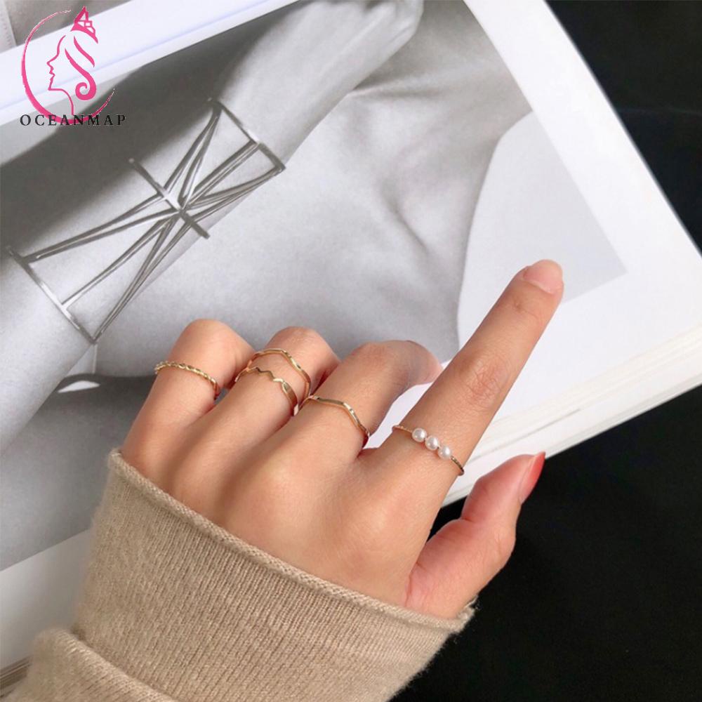 Set 5 Nhẫn Đeo Tay Kim Loại Đính Ngọc Trai Giả Thời Trang Cho Nữ