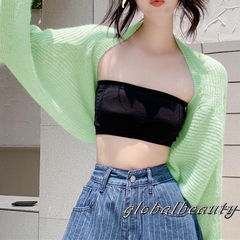 Áo Khoác Cardigan Dệt Kim Tay Dài Chống Nắng Màu Trơn Hở Phía Trước Bolero Shrug Cho Nữ