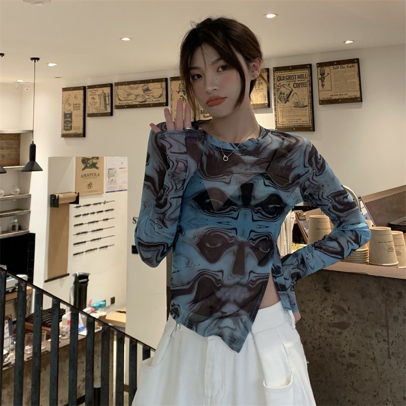 Jiashucheng Áo Thun Ngắn Tay Dài Chống Nắng Phối Lưới Xẻ Tà Không Đối Xứng Độc Đáo Mùa Hè Cho Nữ ins