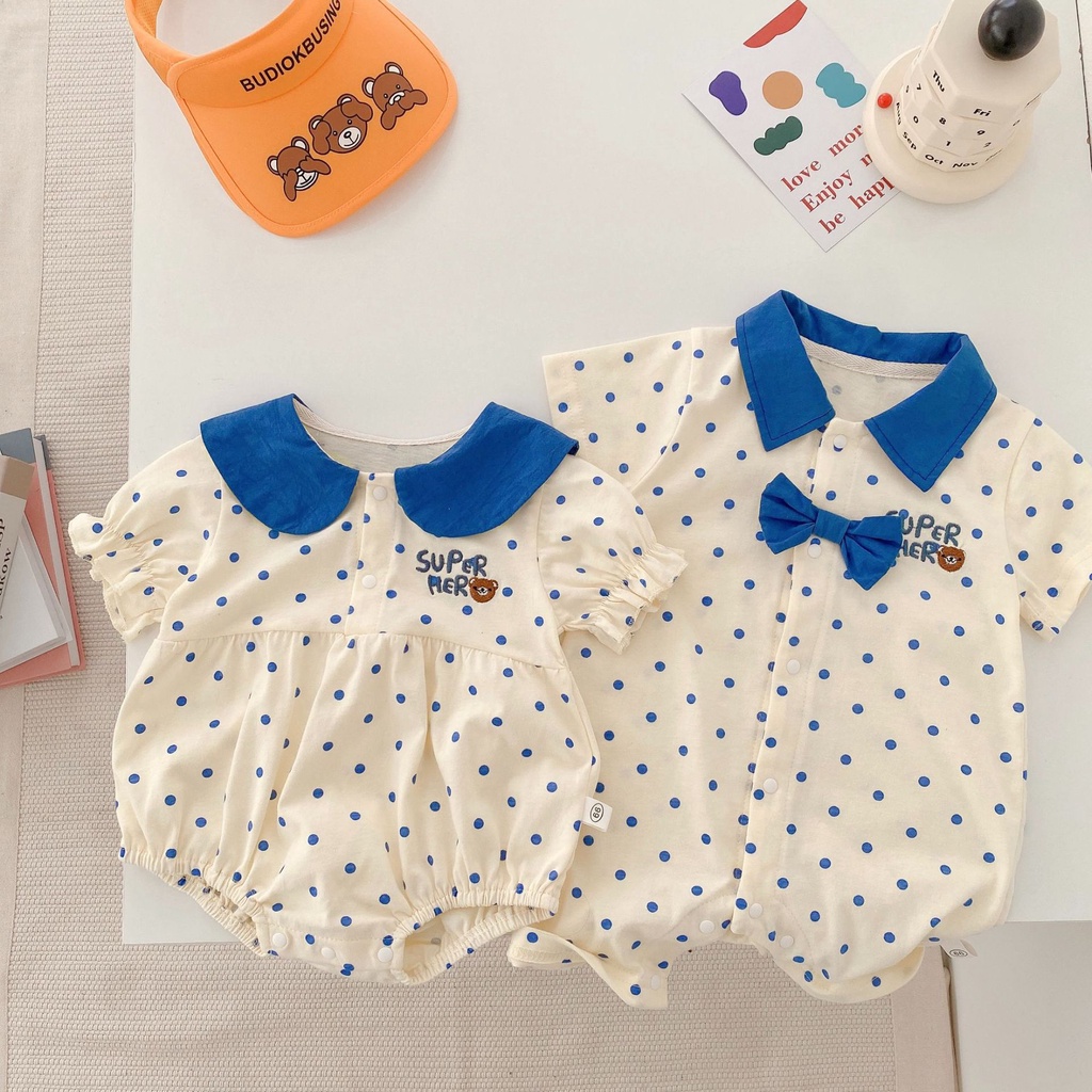 Áo Liền Quần Polo Bằng Cotton Trơn Tay Ngắn Cài Nút Thiết Kế Cà Vạt Phong Cách Hàn Quốc Thời Trang Mùa Hè Mới Cho Bé Trai Và Gái 0-24 Tháng Tuổi