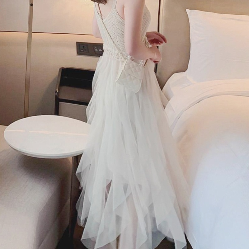 Xiangbao Đầm Midi Dệt Kim Hai Dây Dáng Dài Cổ Chữ V Vải Tuyn Lưới Xuyên Thấu Nhiều Lớp Ngọt Ngào Cho Nữ D