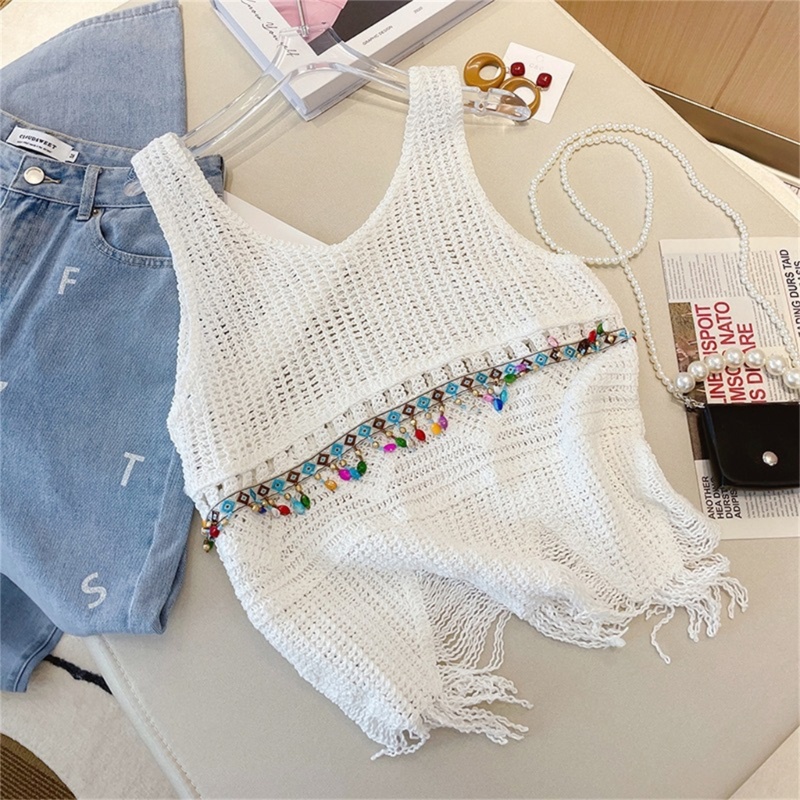 Xiangbao Áo Croptop Dệt Kim Không Tay Cổ Chữ V Viền Tua Rua Đính Hạt Phong Cách Boho Dành Cho Nữ
