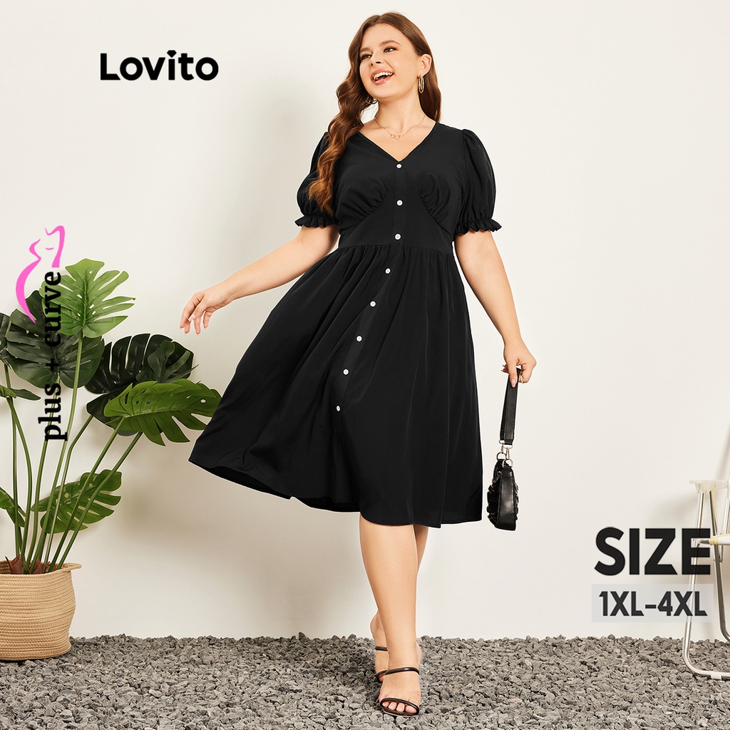 Đầm Lovito màu trơn có nút diềm xếp nếp kết cấu tốt tôn dáng phong cách thường ngày cho nữ plus size LPS06020 (đen)