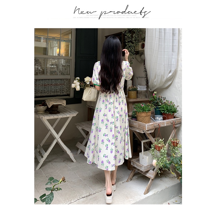 Đầm midi SUXI dáng chữ A tay ngắn in hoa thời trang mùa hè xinh xắn cho nữ