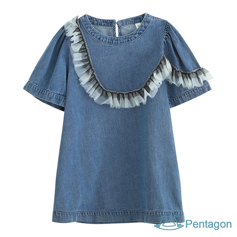 Đầm Denim Cổ Tròn Tay Phồng Màu Trơn Thời Trang Hàn Quốc Xinh Xắn Cho Bé Gái