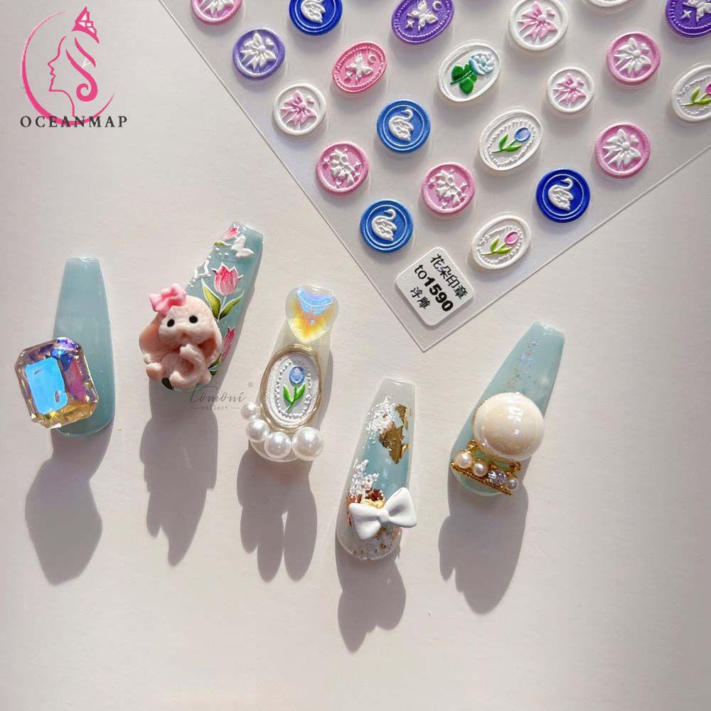 [Hàng mới về] Miếng dán móng tay chuyển nước tự dính khắc nhiều họa tiết tùy chọn 5D phong cách Nhật Bản DIY đáng yêu