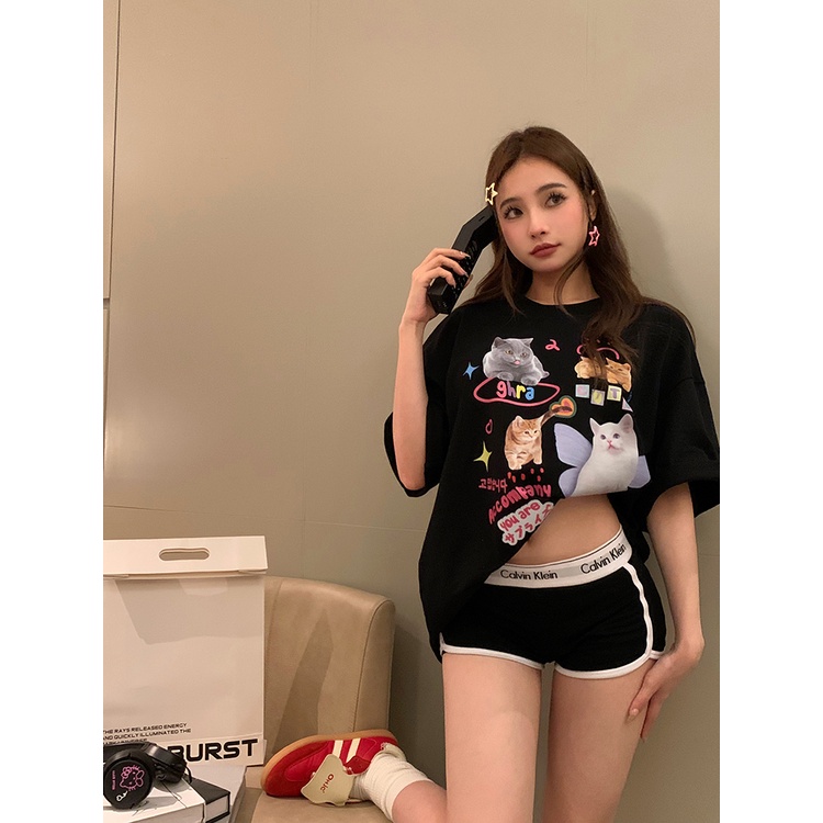 Áo Thun Ngắn Tay Dáng Rộng In Hình Mèo Kiểu Hàn Quốc Thời Trang Mùa Hè Cho Nữ