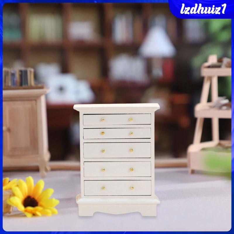 Tủ Gỗ 5 Ngăn Kéo Màu Trắng Trang Trí Nhà Búp Bê Tỉ Lệ 1: 12