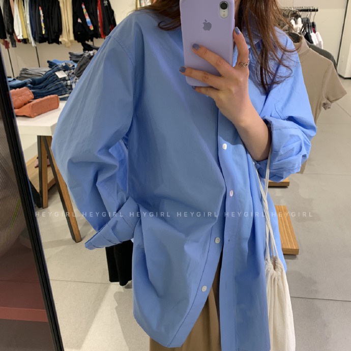 SUXI Áo Sơ Mi Tay Dài Dáng Rộng Màu Sắc Đơn Giản Phong Cách Hàn Quốc Thời Trang Cho Nữ