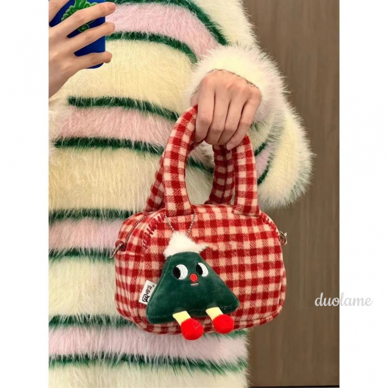 Túi Xách Đeo Vai Kiểu Vuông Nhỏ Sọc Ca Rô Phối Lông Thời Trang Nữ Đáng Yêu