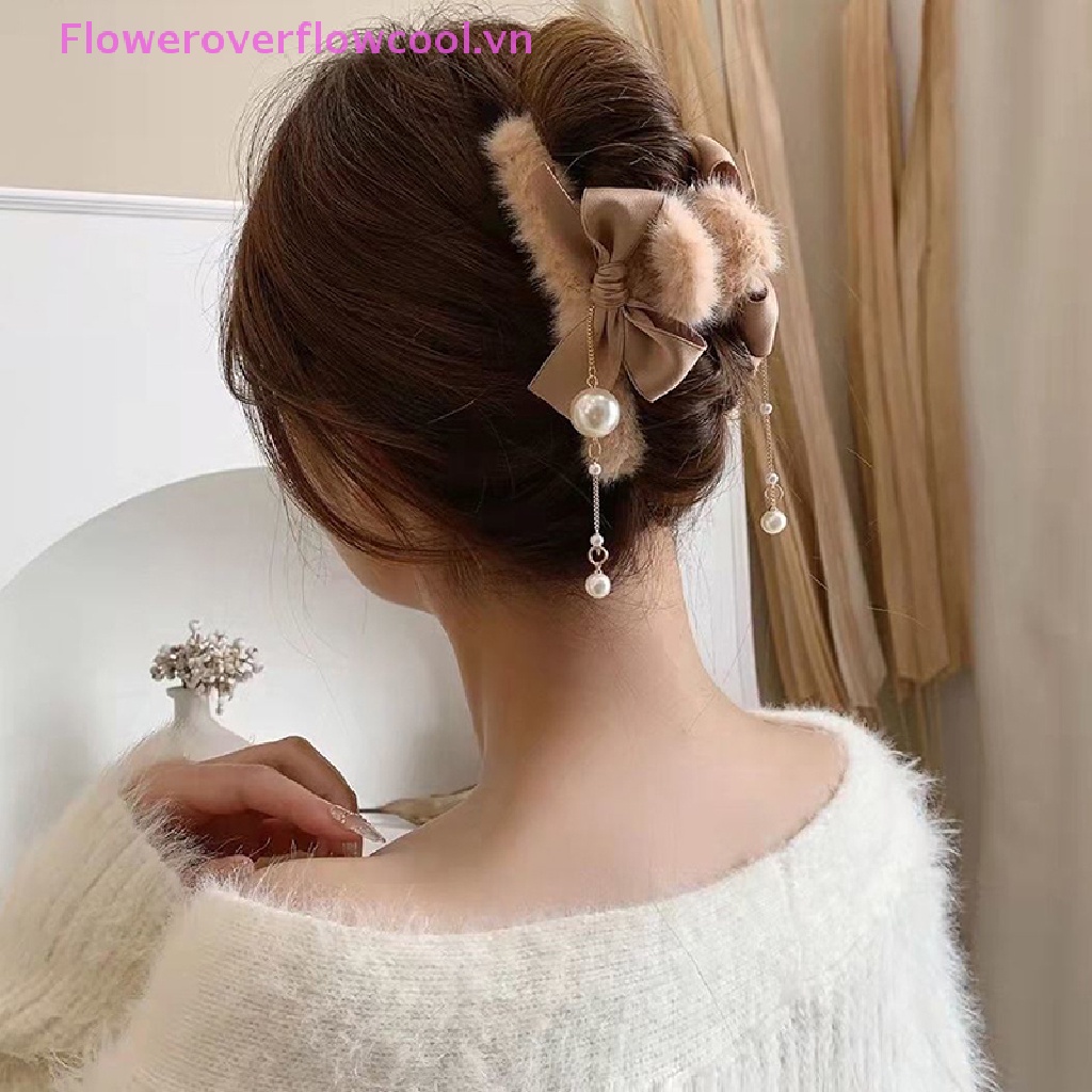 Kẹp Tóc Càng Cua Đính Nơ Phối Lông Sang Trọng Cho Nữ
