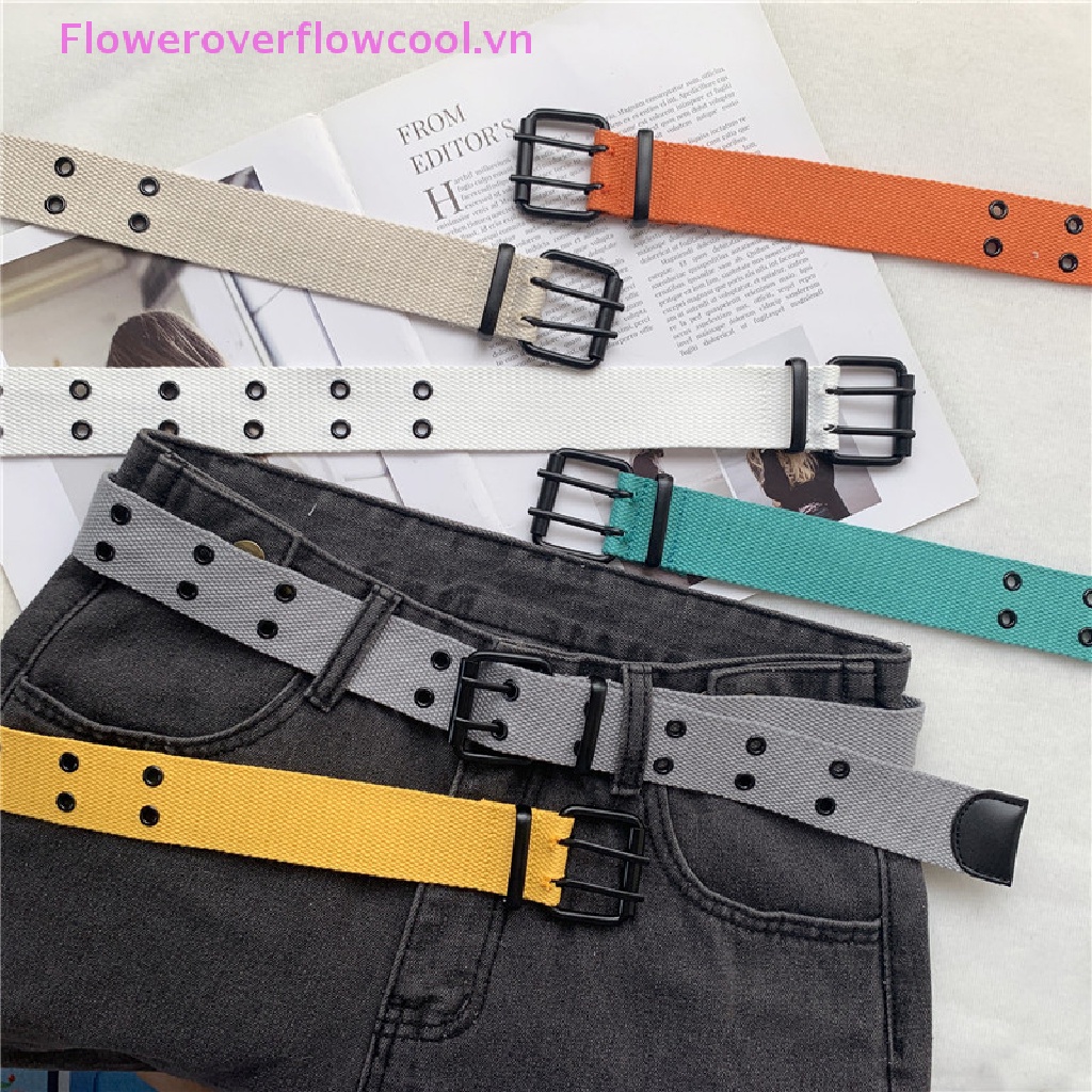 Thắt Lưng Vải Canvas Phối Hai Hàng Nút Lỗ Phong Cách Harajuku Mới Cho Nam Và Nữ