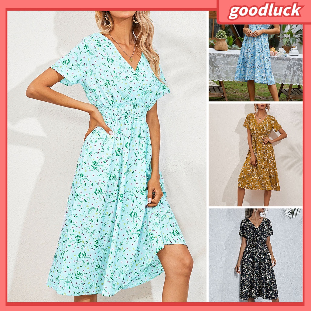 [ULK] Đầm Midi Tay Ngắn Cổ Chữ V Eo Co Giãn In Hoa Ngọt Ngào Mùa Hè Cho Nữ
