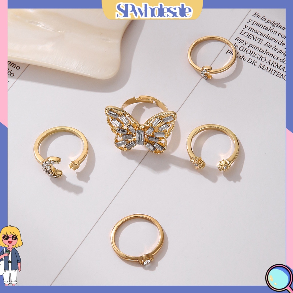 <SPwholesale> Set 5 Nhẫn Đeo Khớp Ngón Tay Họa Tiết Bướm / Mặt Trăng / Ngôi Sao Đính Đá Thời Trang