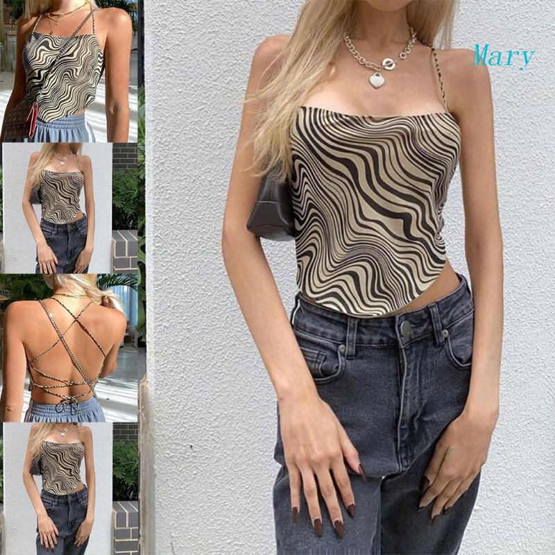 Áo Croptop Hai Dây Mỏng Hở Lưng Họa Tiết Kẻ Sọc Phong Cách Harajuku Quyến Rũ Cho Nữ