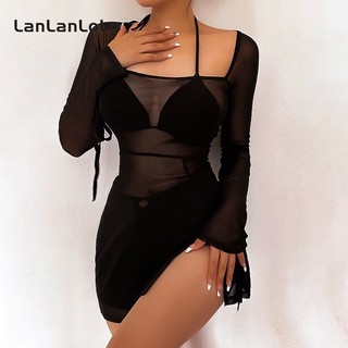 LanLanLo Nữ Màu Trơn Lưới Dài Tay Nhìn Xuyên Qua Khu Nghỉ Dưỡng Gợi Cảm Váy Thường Ngày