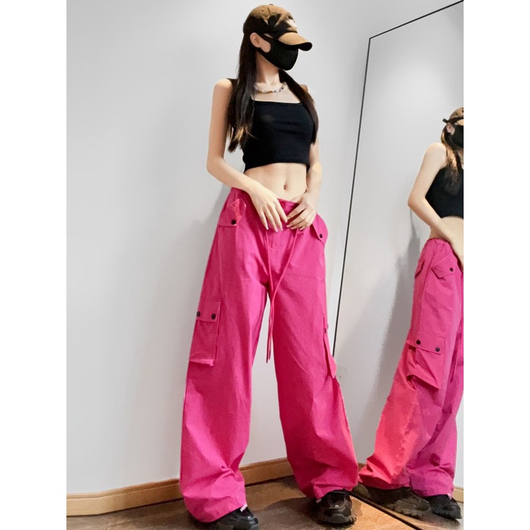 Quần Yếm Ống Rộng Lưng Cao Màu Đỏ Hồng Thời Trang Mùa Hè Cho Nữ