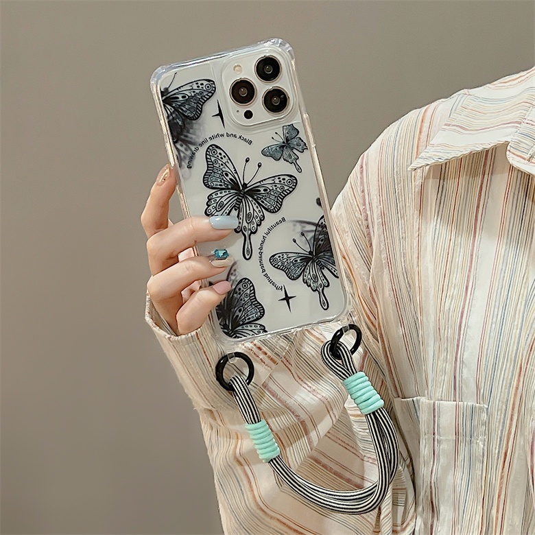 Ốp Điện Thoại Silicone tpu Mềm Trong Suốt Chống Sốc In Hình Bướm Đơn Giản Có Dây Đeo Cho iphone 12 14 13 11 Pro Max