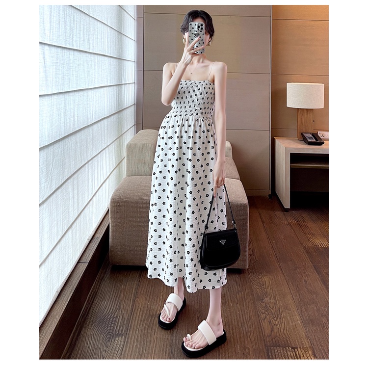 Đầm Hai Dây Dáng Dài Mỏng Co Giãn Họa Tiết Hoa Cúc Nhỏ hka055
