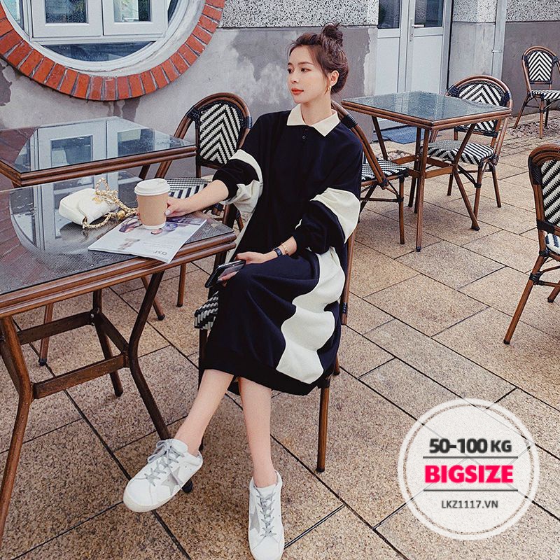 Váy đầm nữ Bigsize Đầm polo dáng suông tay dài cổ tròn mùa thu Phong cách Hàn Quốc Thời Trang cá tính xinh đẹp cho người mập béo nữ