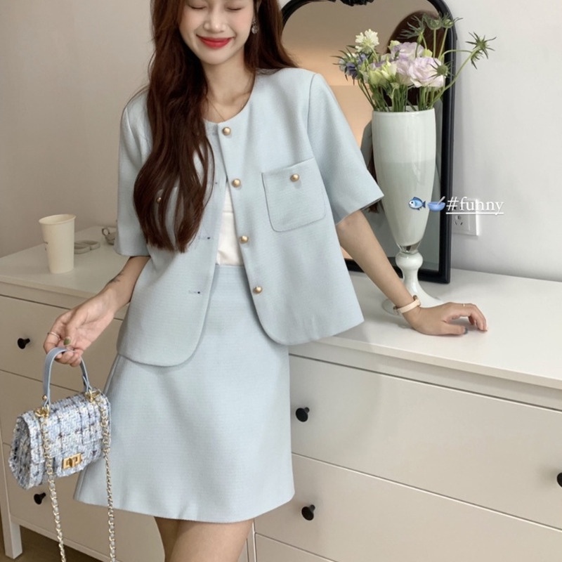 Bộ Áo Khoác Ngắn Tay + Chân Váy Lưng Cao Ôm Dáng Xinh Xắn Dành Cho Nữ