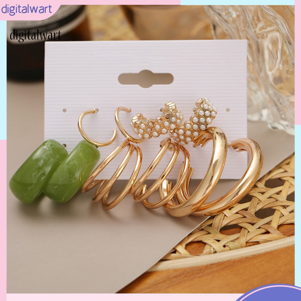 Kỹ Thuật Số| Set 5 Đôi Khuyên Tai Tròn Đính Ngọc Trai Nhân Tạo Phong Cách Bohemian Thời Trang