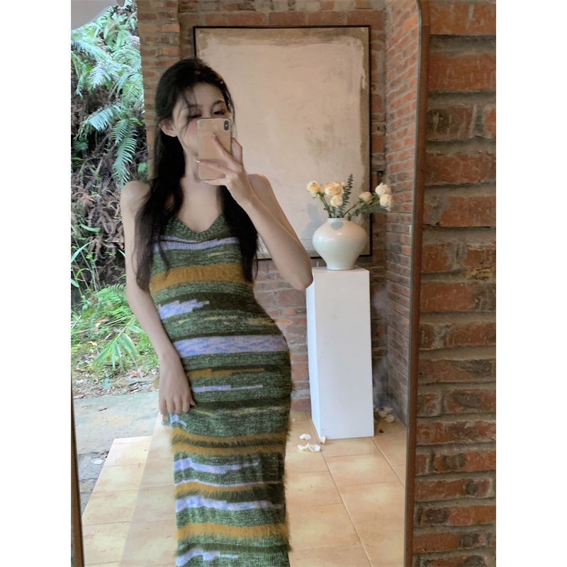 Đầm Dệt Kim Cổ Chữ V Họa Tiết Kẻ Sọc Thời Trang Quyến Rũ Cho Nữ