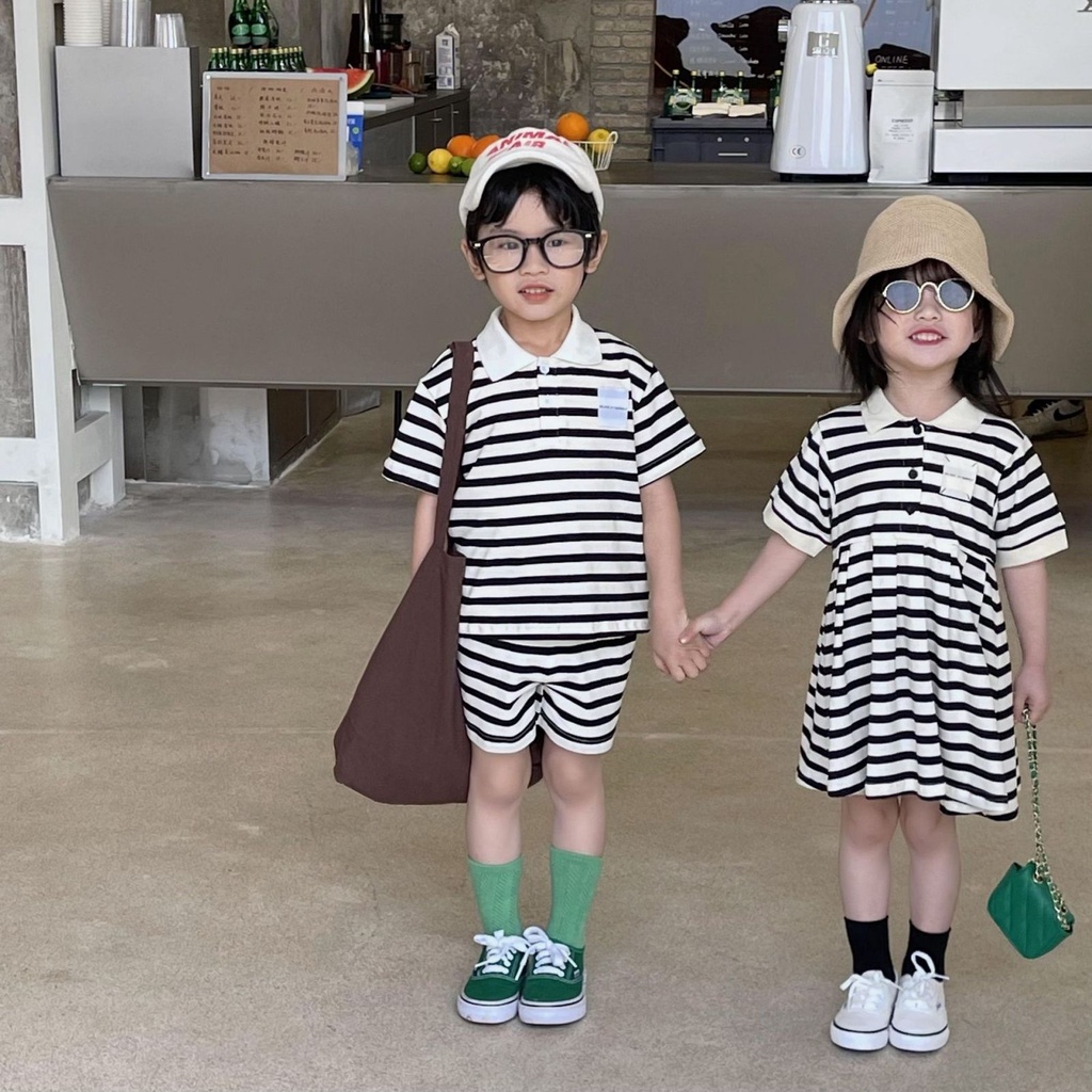 Đầm Dệt Kim Cổ POLO Họa Tiết Kẻ Sọc Thời Trang Mùa Hè Xinh Xắn Cho Bé Gái