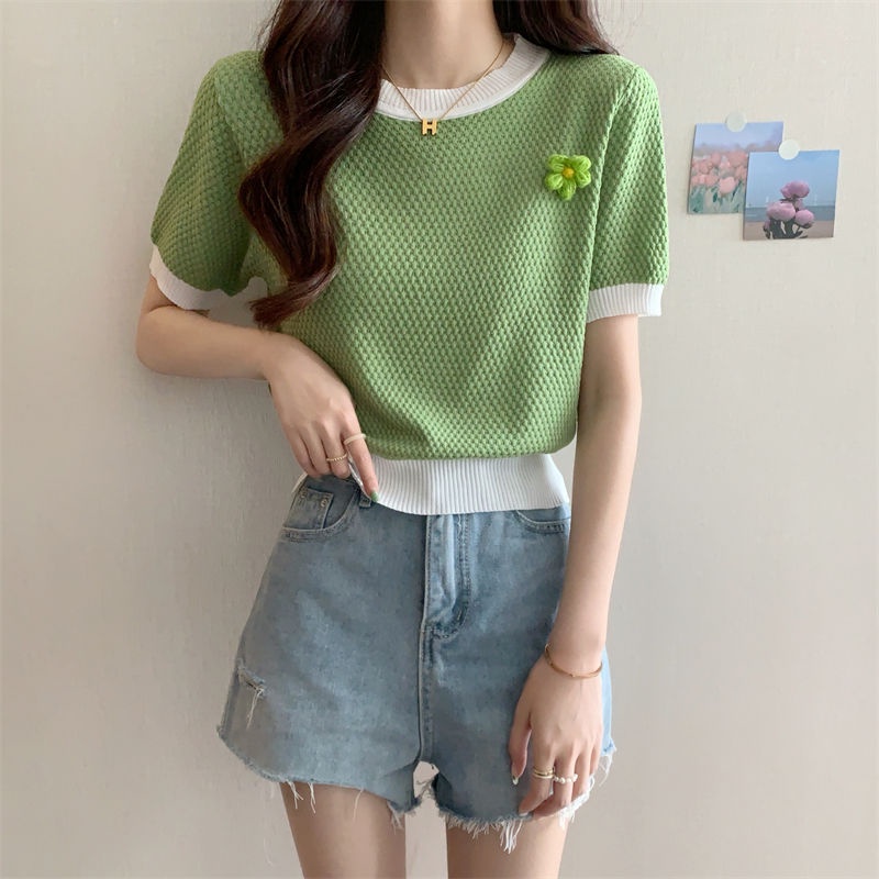 Áo Thun Ngắn Tay Dệt Kim Họa Tiết Hoa / Quả Bơ Màu Xanh Lá Thời Trang Cho Nữ