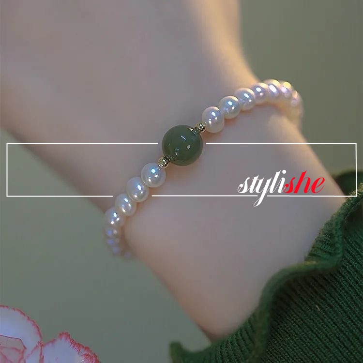 Vòng Tay Hạt Ngọc Trai 6mm Màu Xanh Lá Cây May Mắn Thời Trang Hàn Quốc Cho Nữ