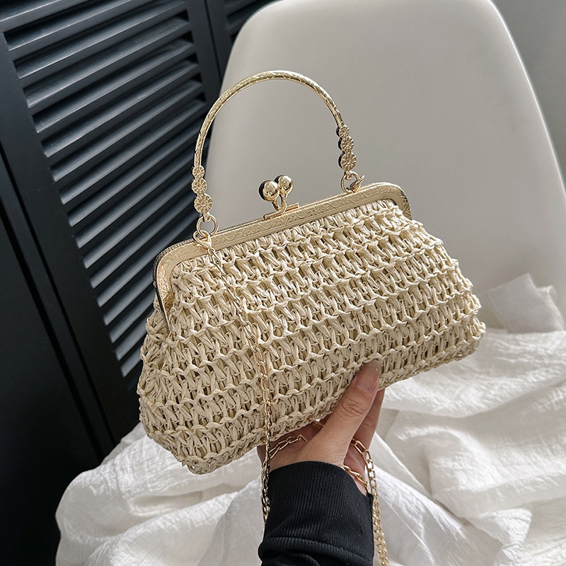 Túi Xách Đeo Vai Đan Cói Phối Dây Xích Thời Trang Mùa Xuân 2023 Dành Cho Nữ