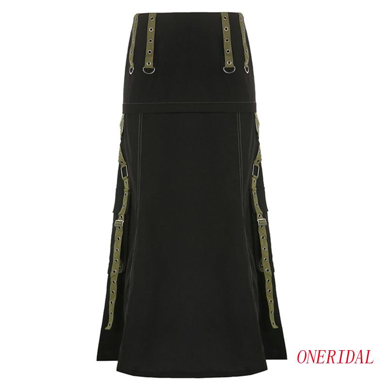 Chân Váy Midi Dáng Chữ A Lưng Thấp Phối Vòng Kim Loại Phong Cách Harajuku Gothic Punk Dành Cho Bạn Nữ