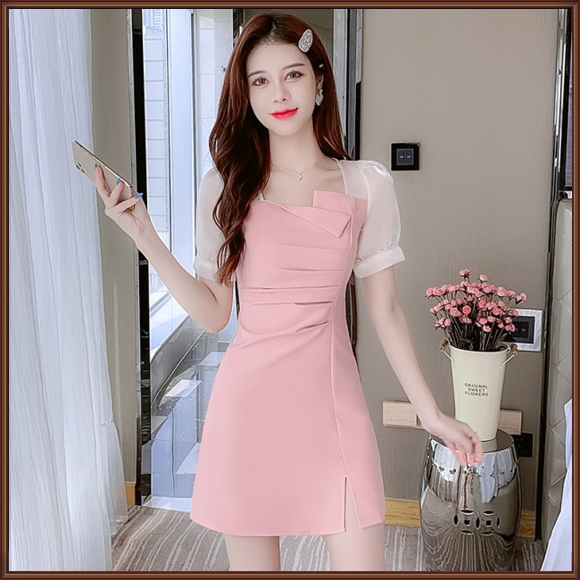 Đầm Ngắn Tay Cổ Vuông Dáng Chữ A Lưng Cao Thời Trang Mùa Hè Cho Nữ