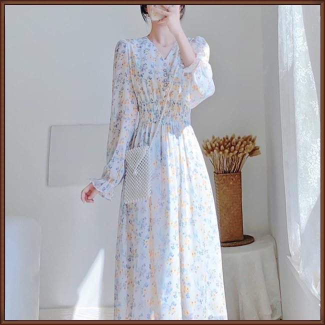 Đầm Chiffon Dáng Dài in Họa Tiết Hoa Phong Cách Pháp Cổ Điển Thời Trang Cho Nữ